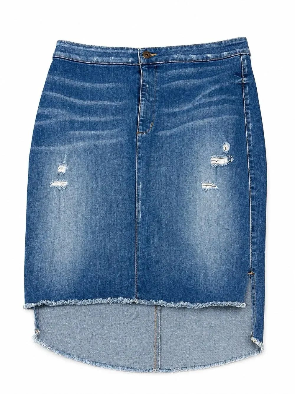 Guess Womens Jean Skirt Pencil Distressed Stretch Blue Denim High Low Raw Hem 14